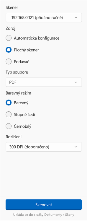 Možnosti skenování ve Windows: skener, zdroj, typ souboru, barevný režim a rozlišení