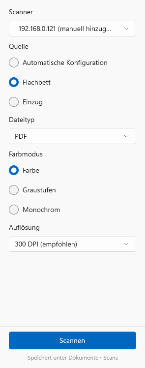 Scanoptionen unter Windows: Scanner, Quelle, Dateityp, Farbmodus und Auflösung