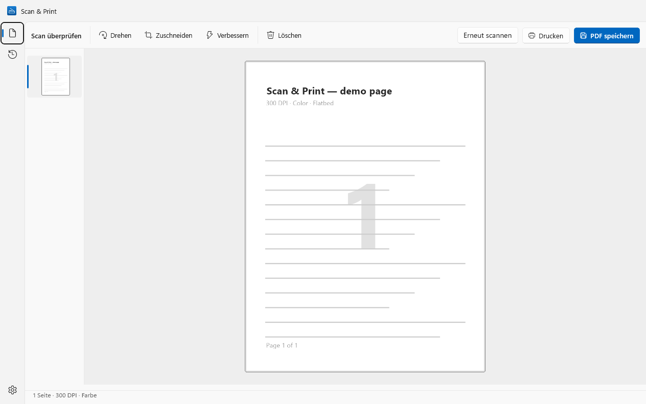 Scan & Print unter Windows: Überprüfung einer gescannten Seite mit „Drehen“, „Zuschneiden“, „Verbessern“, „Drucken“ und „PDF speichern“