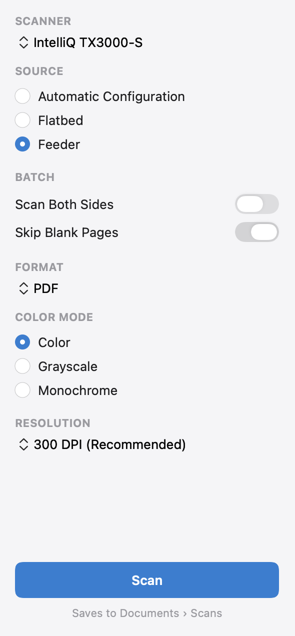 Scan options on Mac: scanner, source, scan both sides, skip blank pages, format, colour mode and resolution