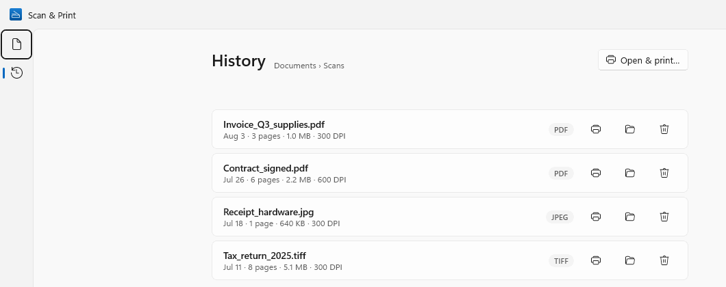 History on Windows: four saved scans with date, page count, size and resolution, and print, folder and delete buttons
