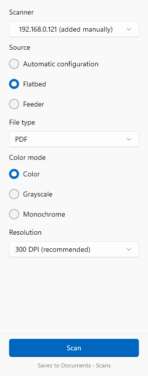 Scan options on Windows: scanner, source, file type, colour mode and resolution