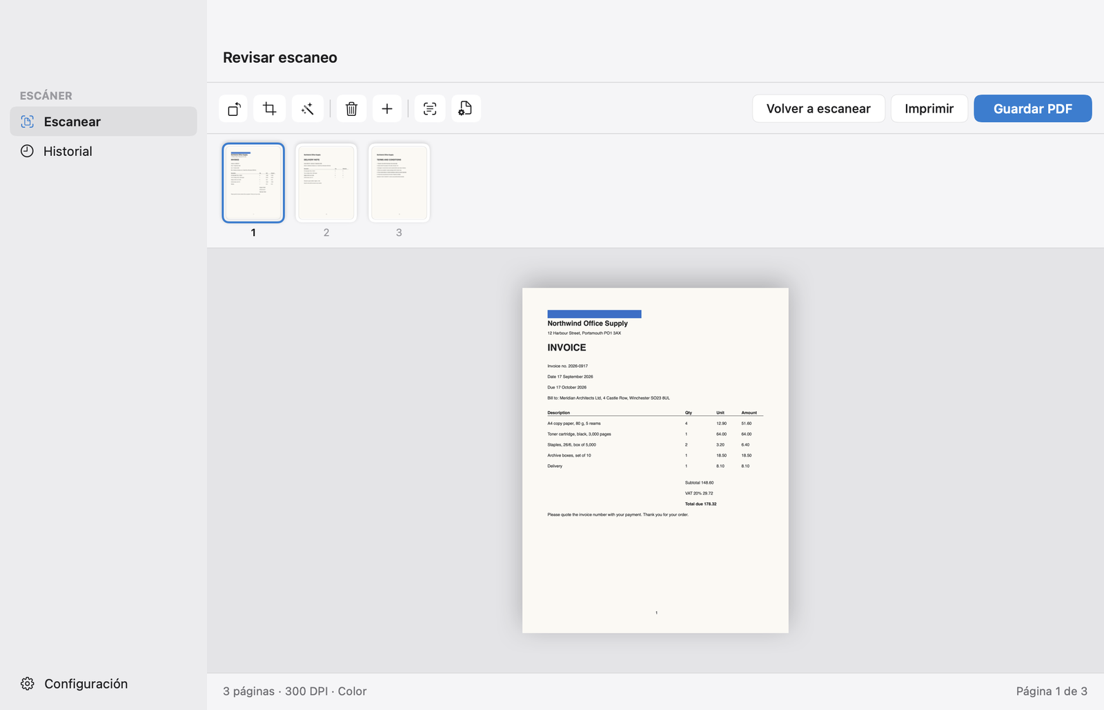 Scan & Print en Mac: una factura de tres páginas lista para guardar, con Girar, Recortar, Mejorar, Añadir página, OCR, Imprimir y Guardar PDF