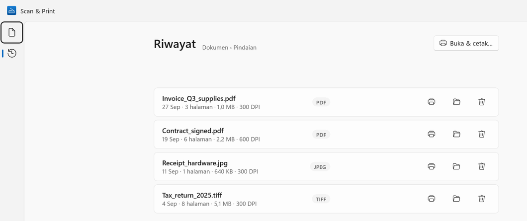 Riwayat di Windows: empat hasil pindaian tersimpan dengan tanggal, jumlah halaman, ukuran, dan resolusi, serta tombol cetak, folder, dan hapus