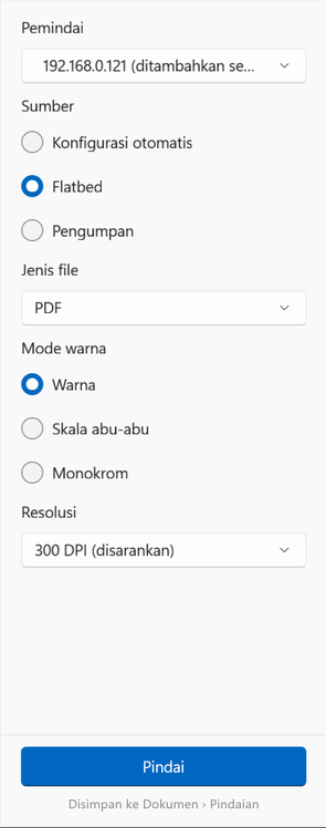 Opsi pemindaian di Windows: pemindai, sumber, jenis file, mode warna, dan resolusi