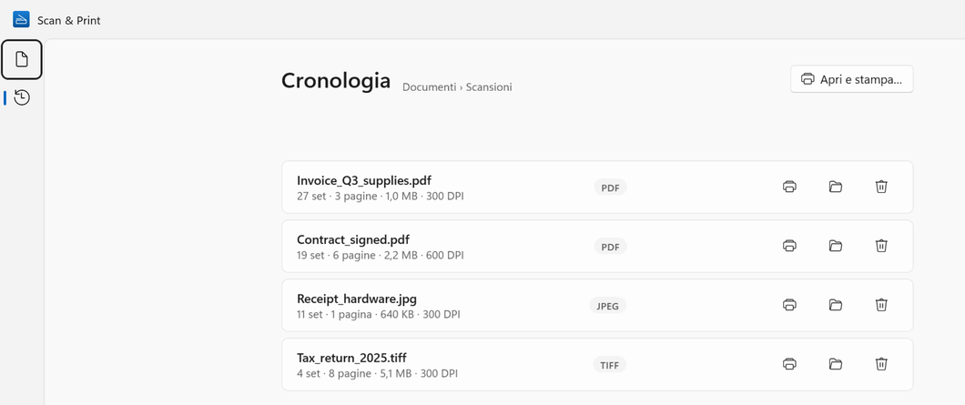 Cronologia su Windows: quattro scansioni salvate con data, numero di pagine, dimensione e risoluzione, e i pulsanti per stampare, aprire la cartella ed eliminare