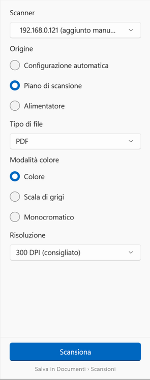 Opzioni di scansione su Windows: scanner, origine, tipo di file, modalità colore e risoluzione