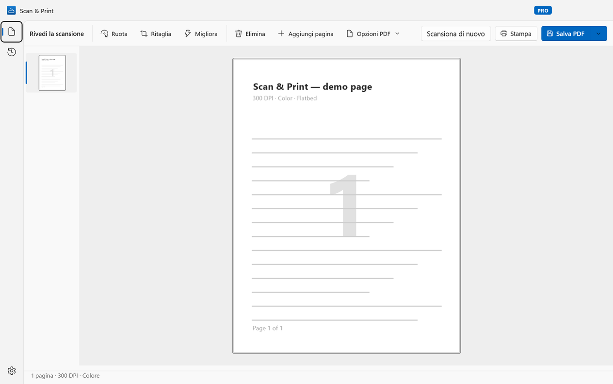 Scan & Print su Windows: revisione di una pagina scansionata, con Ruota, Ritaglia, Migliora, Stampa e Salva PDF
