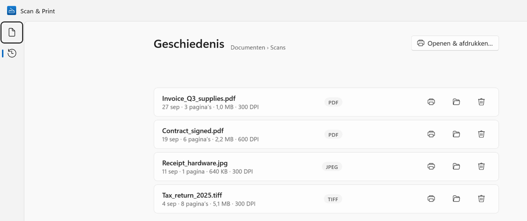 Geschiedenis op Windows: vier opgeslagen scans met datum, aantal pagina’s, grootte en resolutie, en knoppen om af te drukken, de map te openen en te verwijderen