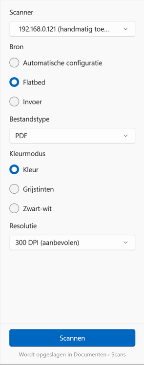 Scanopties op Windows: scanner, bron, bestandstype, kleurmodus en resolutie