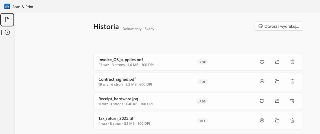 Historia w systemie Windows: cztery zapisane skany z datą, liczbą stron, rozmiarem i rozdzielczością oraz przyciskami drukowania, otwierania folderu i usuwania