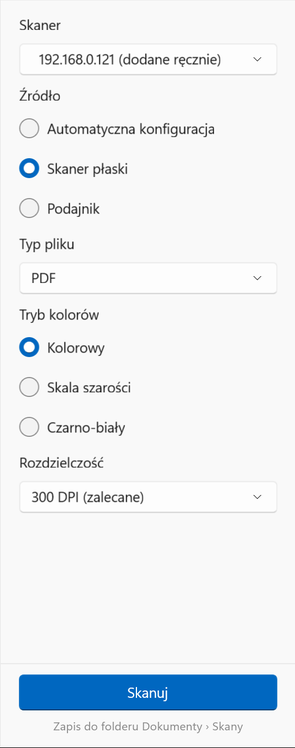 Opcje skanowania w systemie Windows: skaner, źródło, typ pliku, tryb kolorów i rozdzielczość