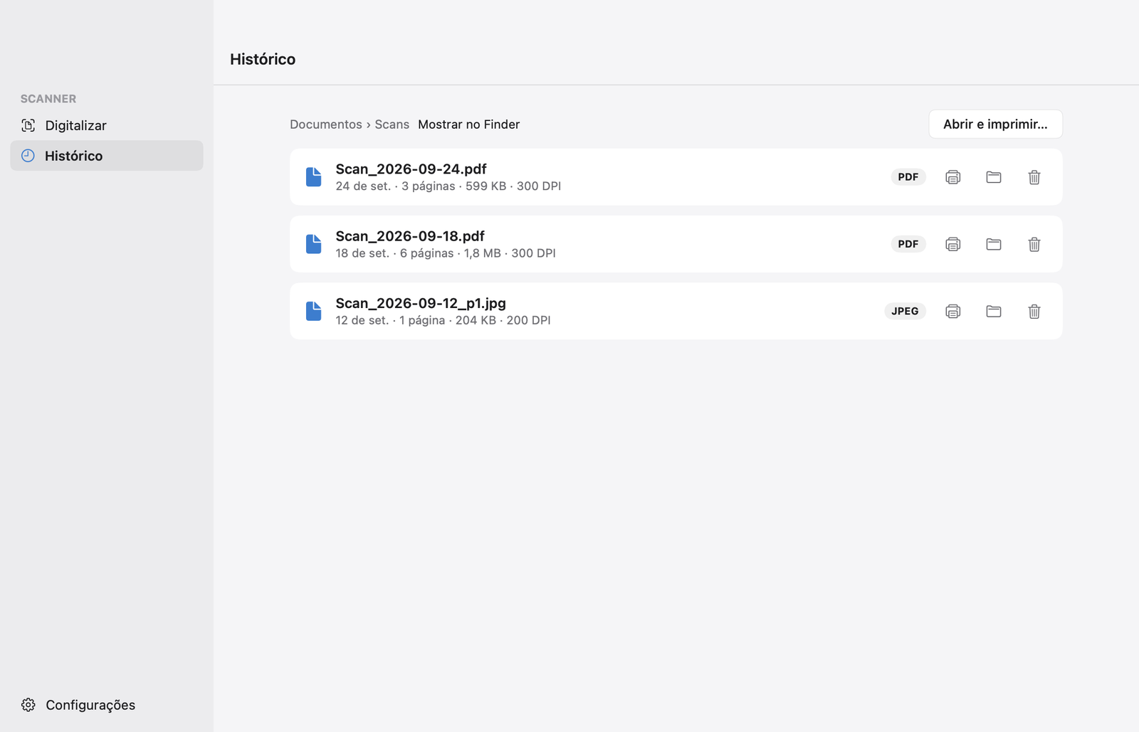 Histórico no Mac: três digitalizações salvas com data, número de páginas, tamanho e resolução, e os botões Imprimir, Mostrar no Finder e Excluir