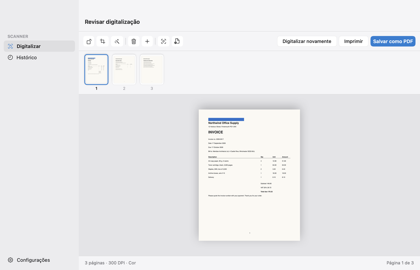Scan & Print no Mac: uma fatura de três páginas pronta a guardar, com Girar, Recortar, Aprimorar, Adicionar página, OCR, Imprimir e Salvar como PDF