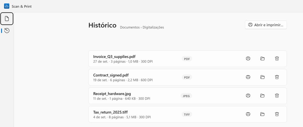 Histórico no Windows: quatro digitalizações guardadas com data, número de páginas, tamanho e resolução, e os botões Imprimir, Abrir pasta e Eliminar