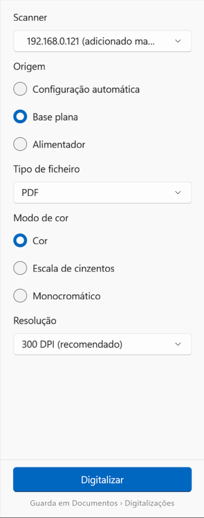 Opções de digitalização no Windows: scanner, origem, tipo de ficheiro, modo de cor e resolução