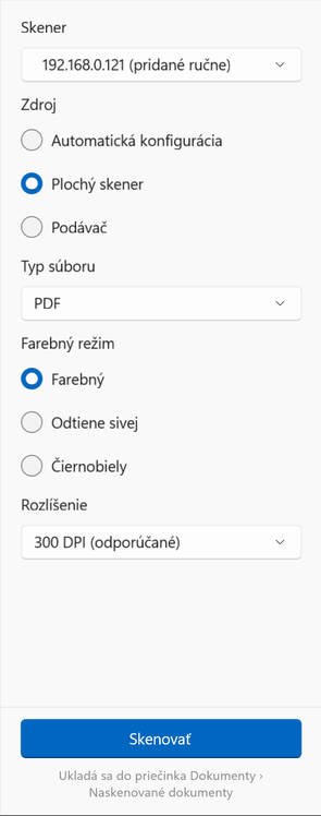Možnosti skenovania vo Windows: skener, zdroj, typ súboru, farebný režim a rozlíšenie