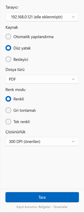 Windows’ta tarama seçenekleri: tarayıcı, kaynak, dosya türü, renk modu ve çözünürlük