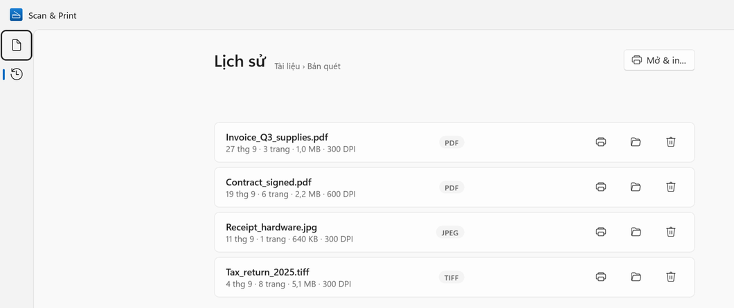 Lịch sử trên Windows: bốn bản quét đã lưu kèm ngày, số trang, kích thước và độ phân giải, cùng các nút in, mở thư mục và xóa