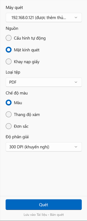 Tùy chọn quét trên Windows: máy quét, nguồn, loại tệp, chế độ màu và độ phân giải